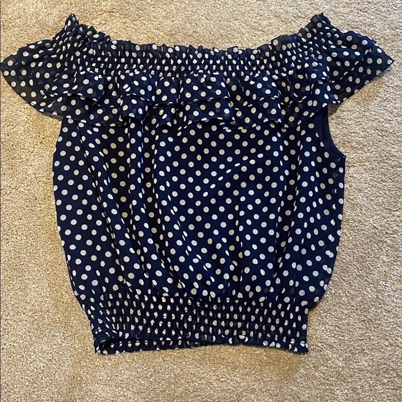 Lauren Ralph Lauren Ruffle Polka Dot Sheer Off the Shoulder Top Navy White XL - Picture 9 of 9